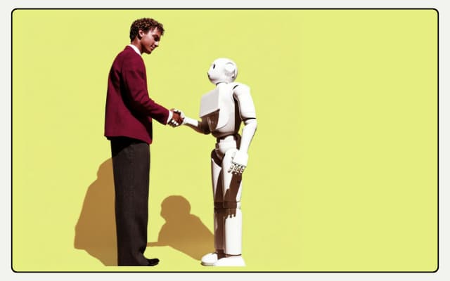 "A man in a red blazer shaking hands with a humanoid robot on a yellow background – symbolizing AI and human collaboration in business."