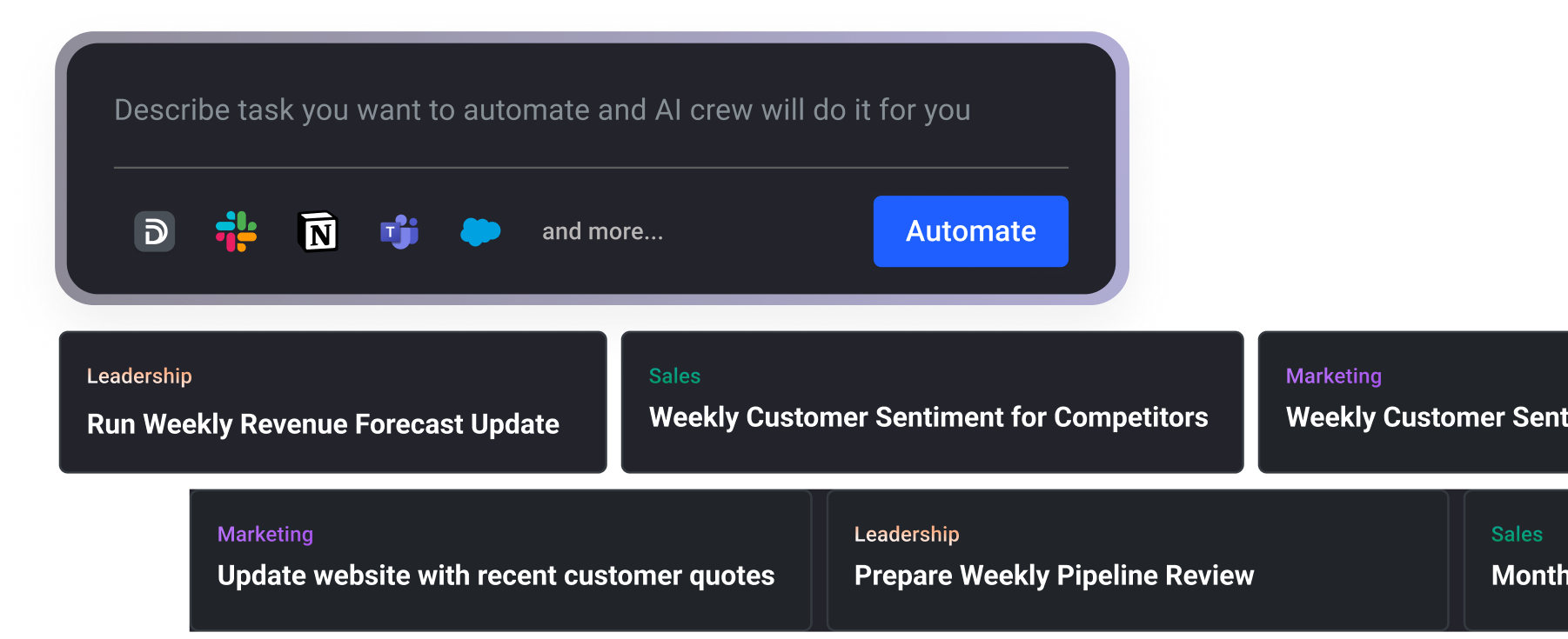 User interface showing a task automation input box with the prompt 'Describe task you want to automate and AI crew will do it for you', icons for various apps, and example tasks like 'Run Weekly Revenue Forecast Update' and 'Prepare Weekly Pipeline Review' categorized under Leadership, Sales, and Marketing.