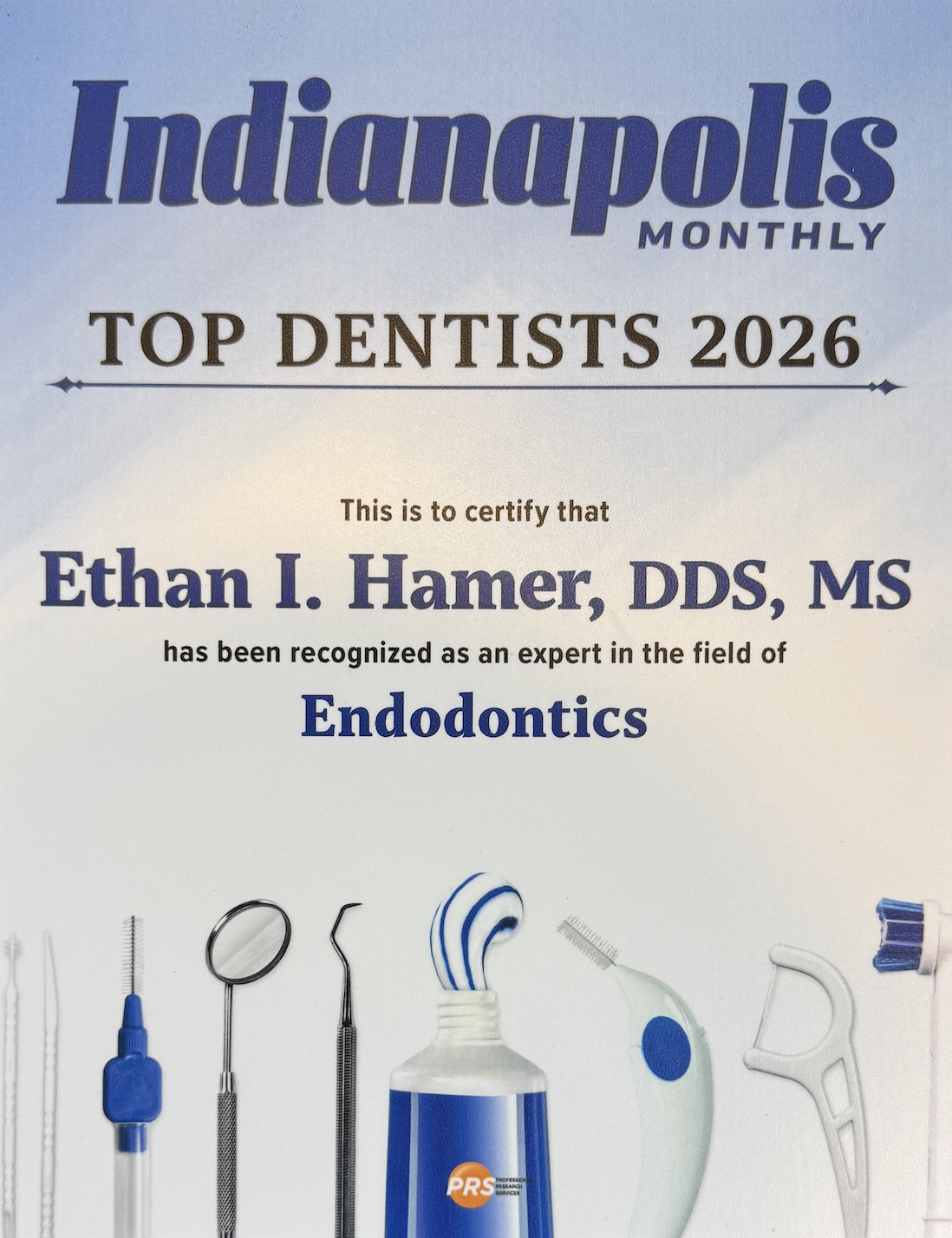 Award for being a top dentist in fishers carmel noblesville indiana given to Dr. Ethan Hamer