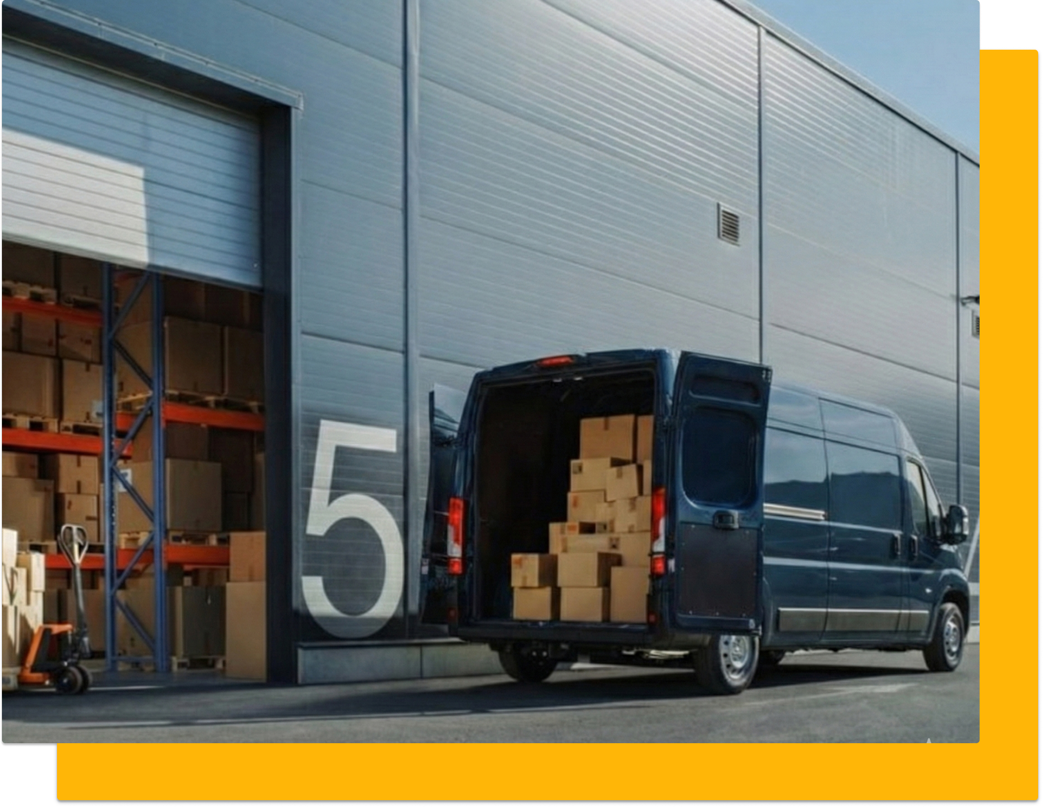 Furgoneta tipo Van de reparto cargando y descargando cajas habilitadas a través de software de gestión de envíos para PYMES. 