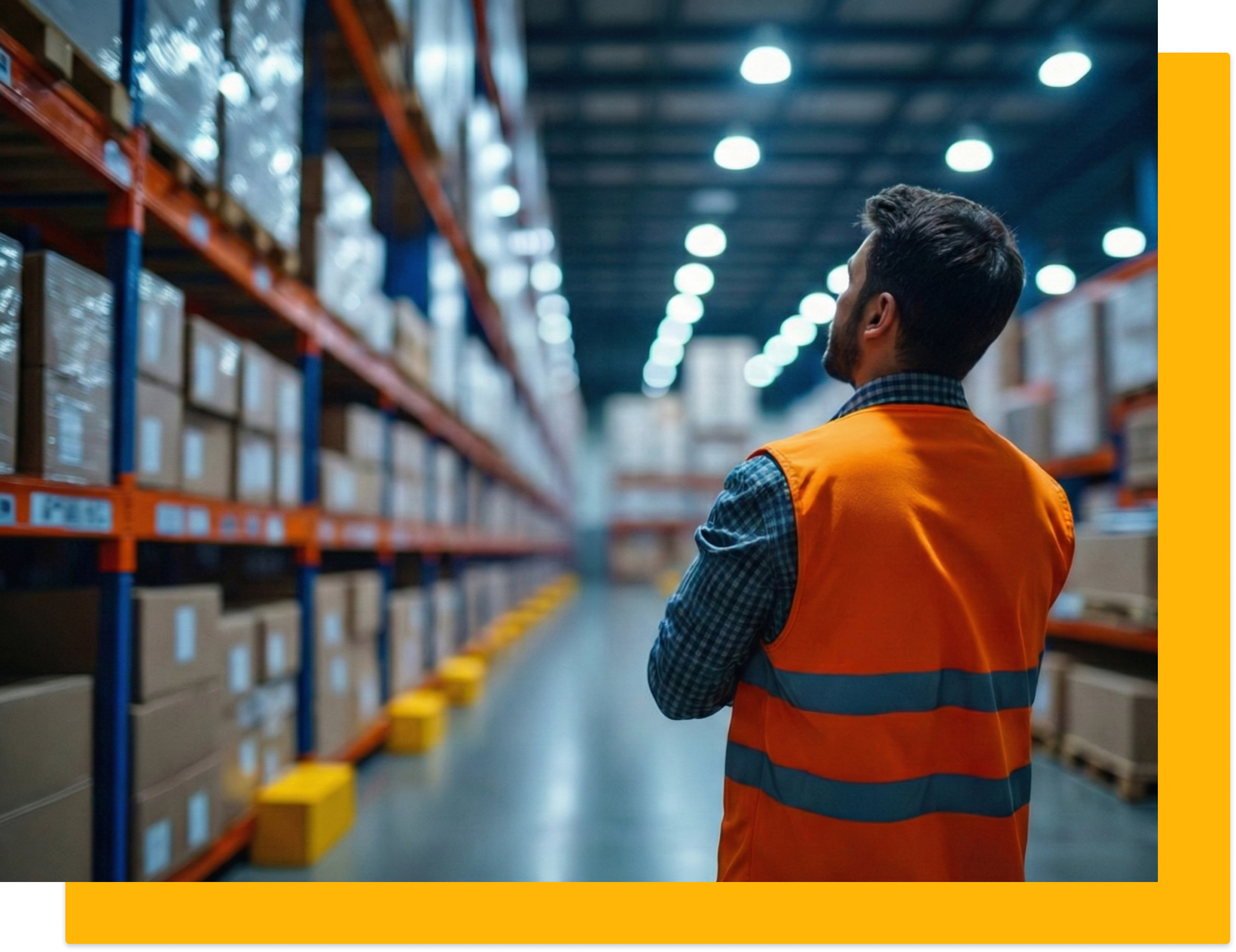 Profesional en almacén gestionando stock con software de logística ecommerce y sistemas de gestión de inventarios. 