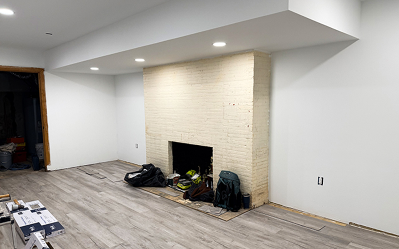Basement with fireplace