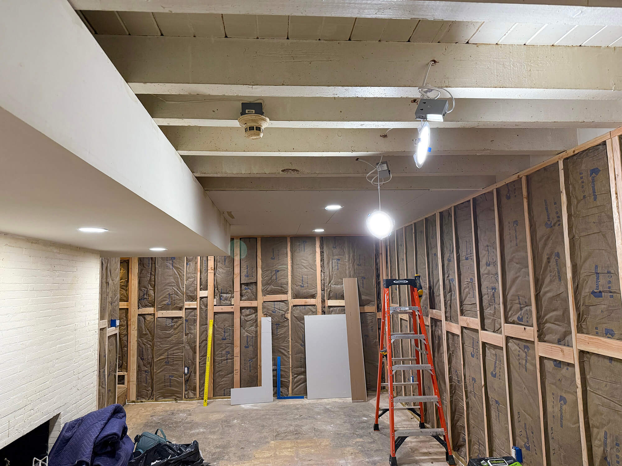Basement walls have insulation installed