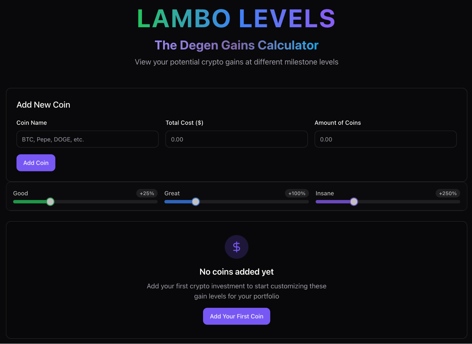 A screenshot of the Lambo Levels Degen Gains Calculator, built with ChatGPT and Loveable. Vibe coding applications are building AI literacy by encouraging hands-on experience—regardless of technical abilities.