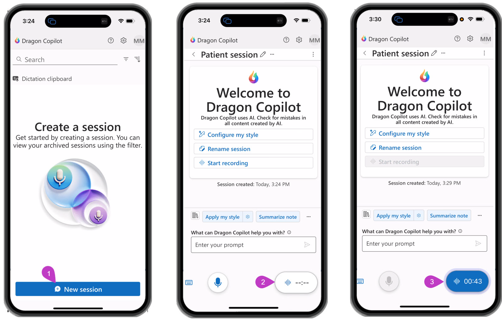 Three screenshots from three smartphones show the process of creating a session and recording in Microsoft Dragon Copilot, a leading example of ambient AI in healthcare.