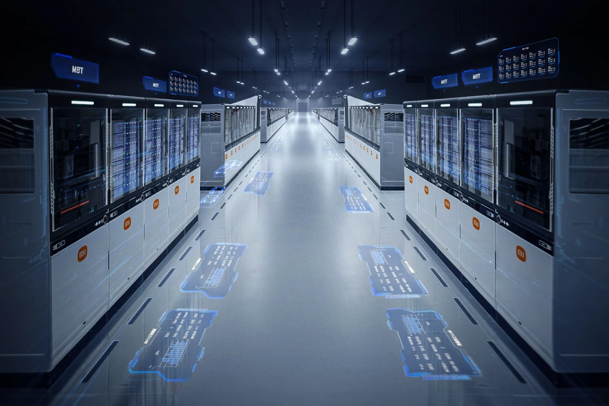 A photo of a darkened hallway in Xiaomi’s dark factory. Xiaomi’s fully autonomous “dark” factory in Changping, Beijing, is a glimpse into the future of manufacturing with robotics and AI.
