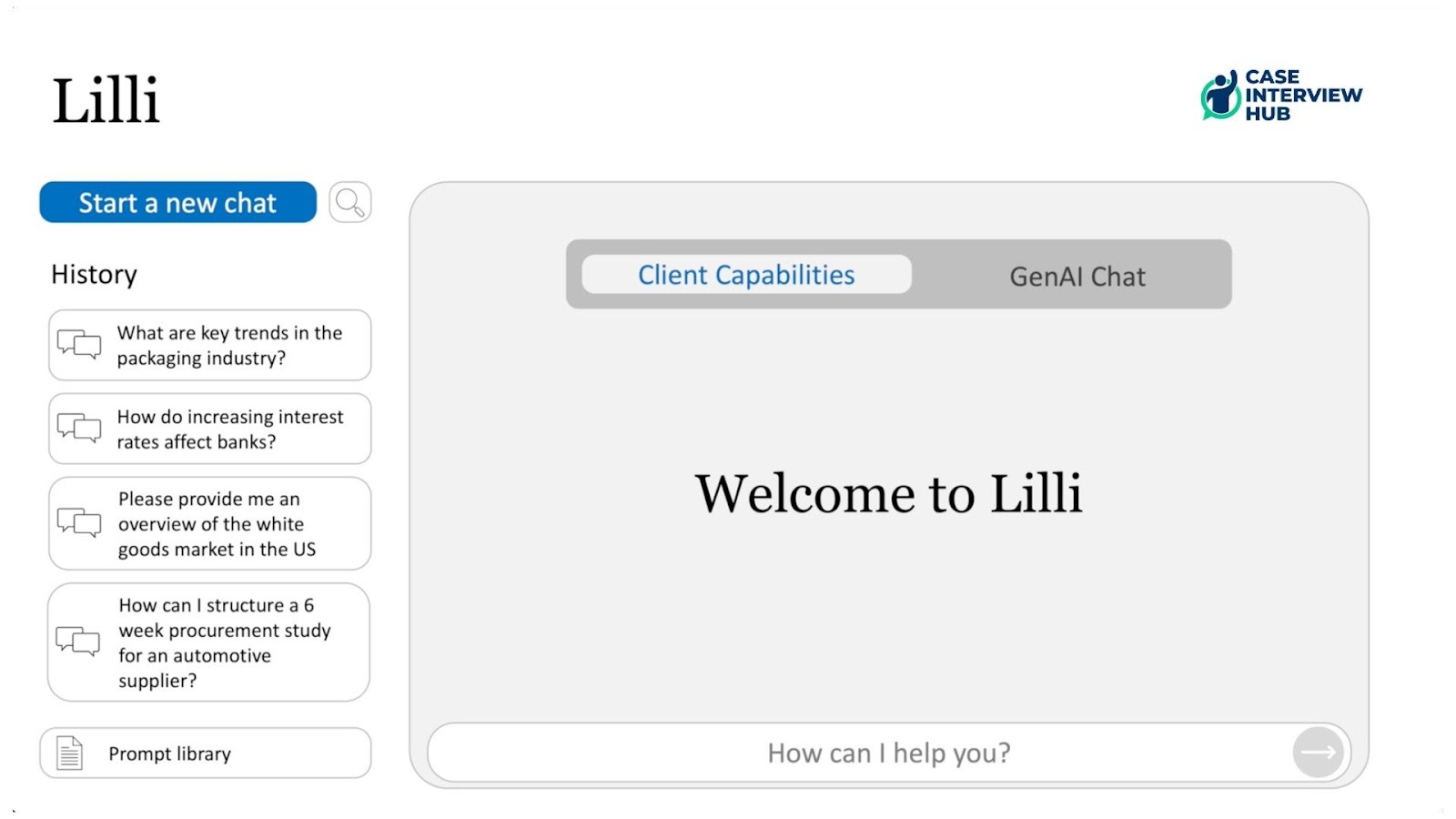 A screenshot from McKinsey’s Lilli generative AI tool that reads “Welcome to Lilli” with a chat history along a left sidebar. Generative AI tools like McKinsey’s Lilli are becoming more common as AI in professional services becomes standard practice.