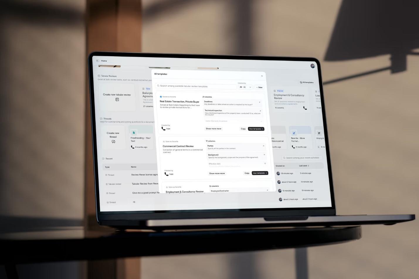 A laptop computer displaying the Legora legal AI interface. Companies like Legora Portal are driving innovation and fast adoption for AI in professional services.