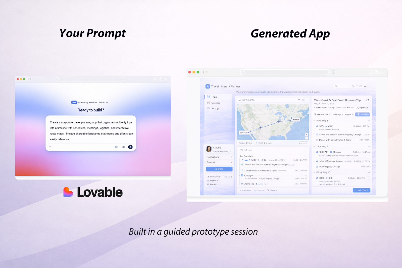 A graphic showing what a prompt might yield in an AI prototyping app like Lovable. On the left, we see a prompt, and on the right, we see a generated multi-city corporate trip planner.