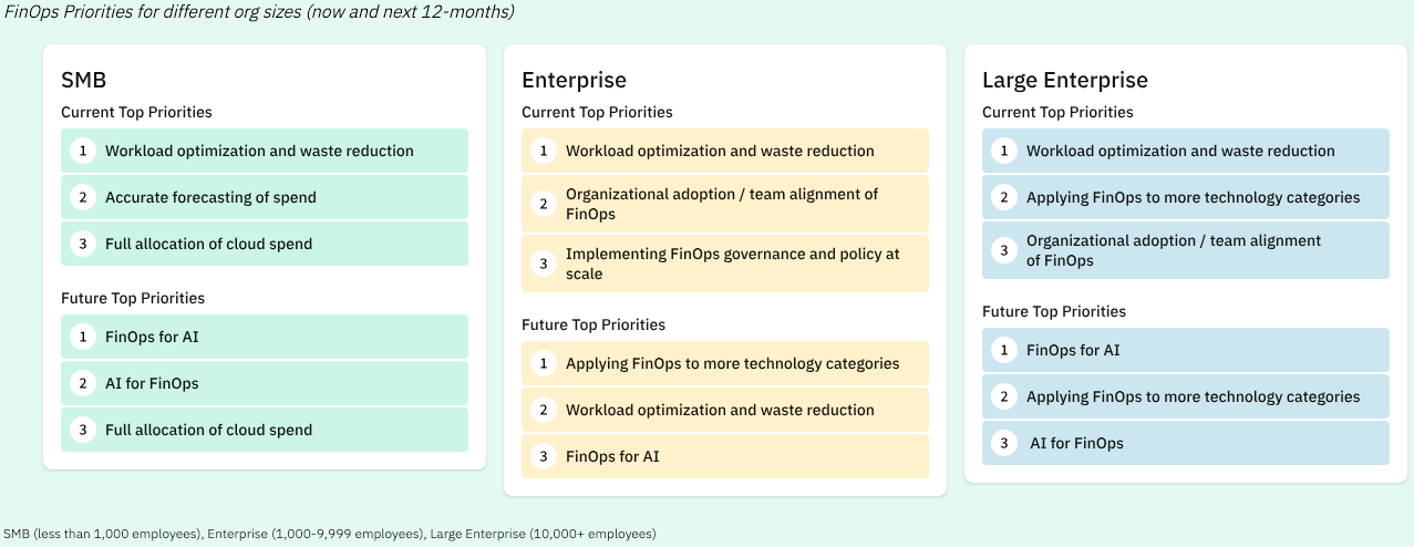 Alt Text: Three boxes list the top priorities for FinOps practitioners, divided by organizational size. Workload optimization and waste reduction remain the top priority for FinOps practices across SMB, Enterprise, and Large Enterprise.