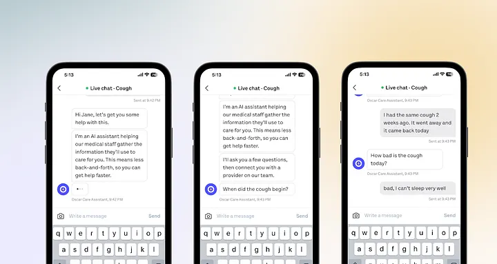Three screenshots on a smartphone, aligned horizontally, show Oscar Health’s AI customer service in action, prompting the user to describe their symptoms.