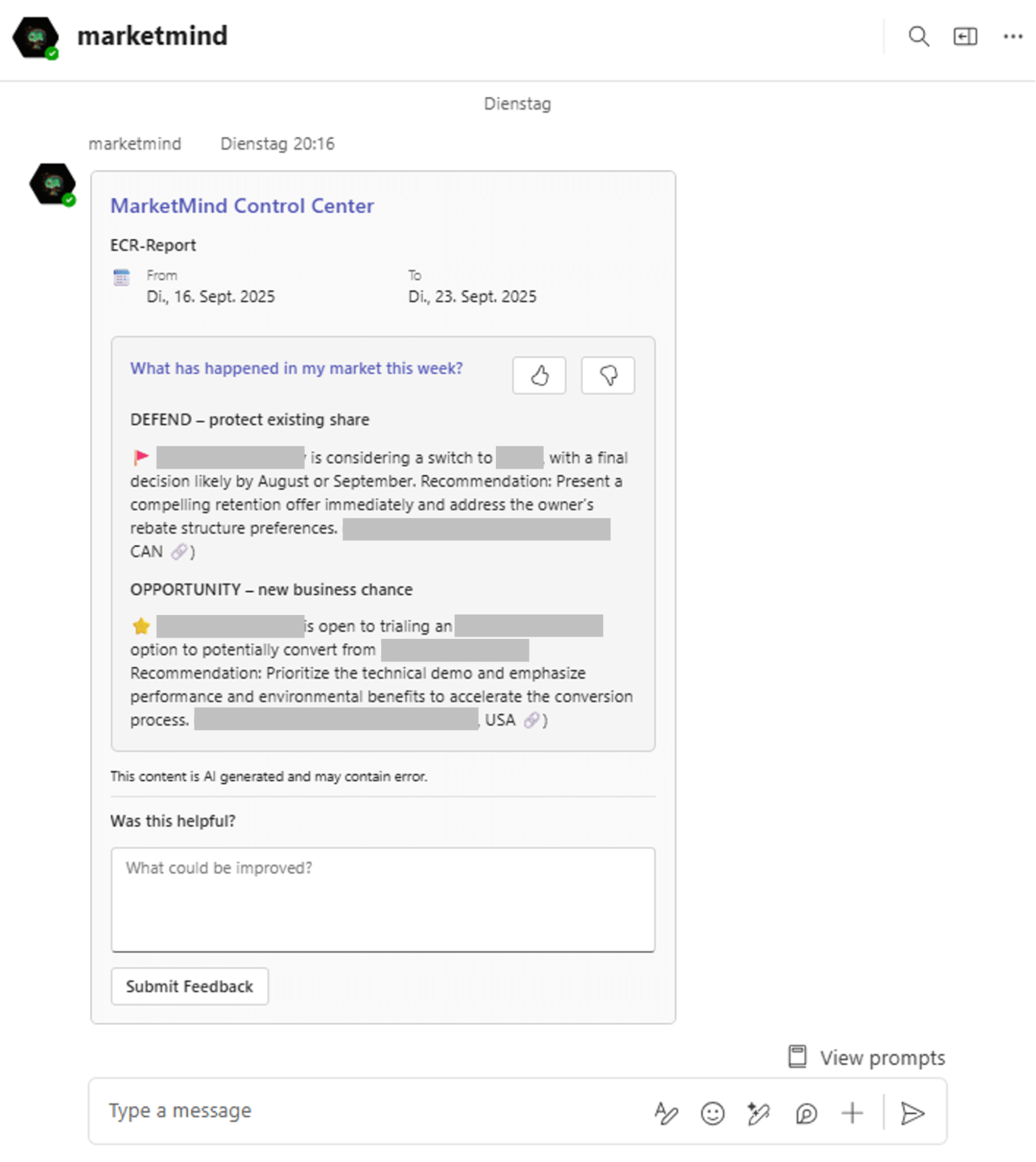 Here we see the user chat window for Marketmind, BASF Coating’s multi-agent AI system. The user has asked, “What has happened in my market this week?” and Marketmind Control Center responded with information categorized by “DEFEND” and “OPPORTUNITY.”