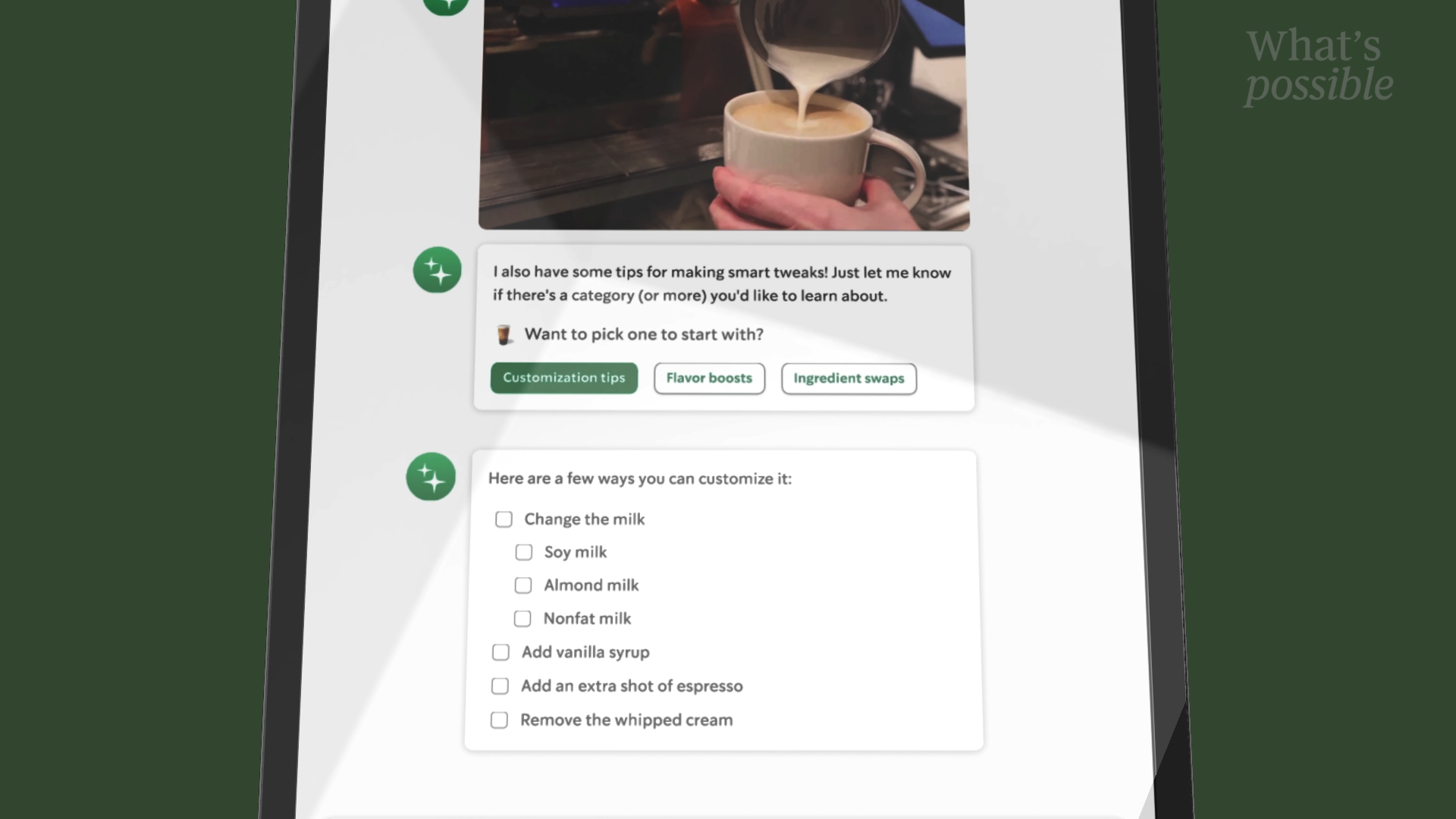 A tablet screen showing the Starbucks Green Dot Assist interface, an enterprise AI platform giving baristas real-time drink customization guidance powered by Starbucks' unified AI-ready data infrastructure.