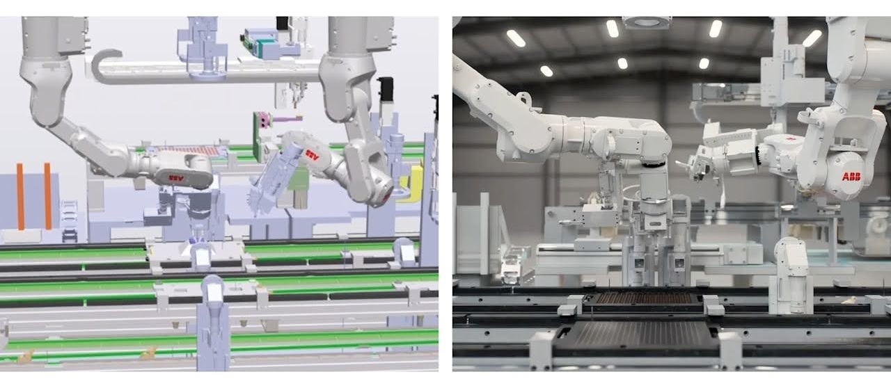RobotStudio HyperReality allows physically accurate digital twins to be built before physical AI hardware is launched. Here we see the simulation environment for robotic arms on an assembly line on the left, and the actual assembly line with robotic arms on the right.