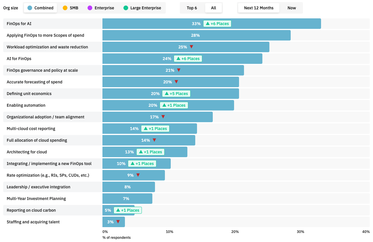 FinOps for AI is now a top priority for practitioners across organizational size. This horizontal bar graph shows “FinOps for AI” at the top of the priority list, at 33%, with an indication that it has jumped six places in the ranking.