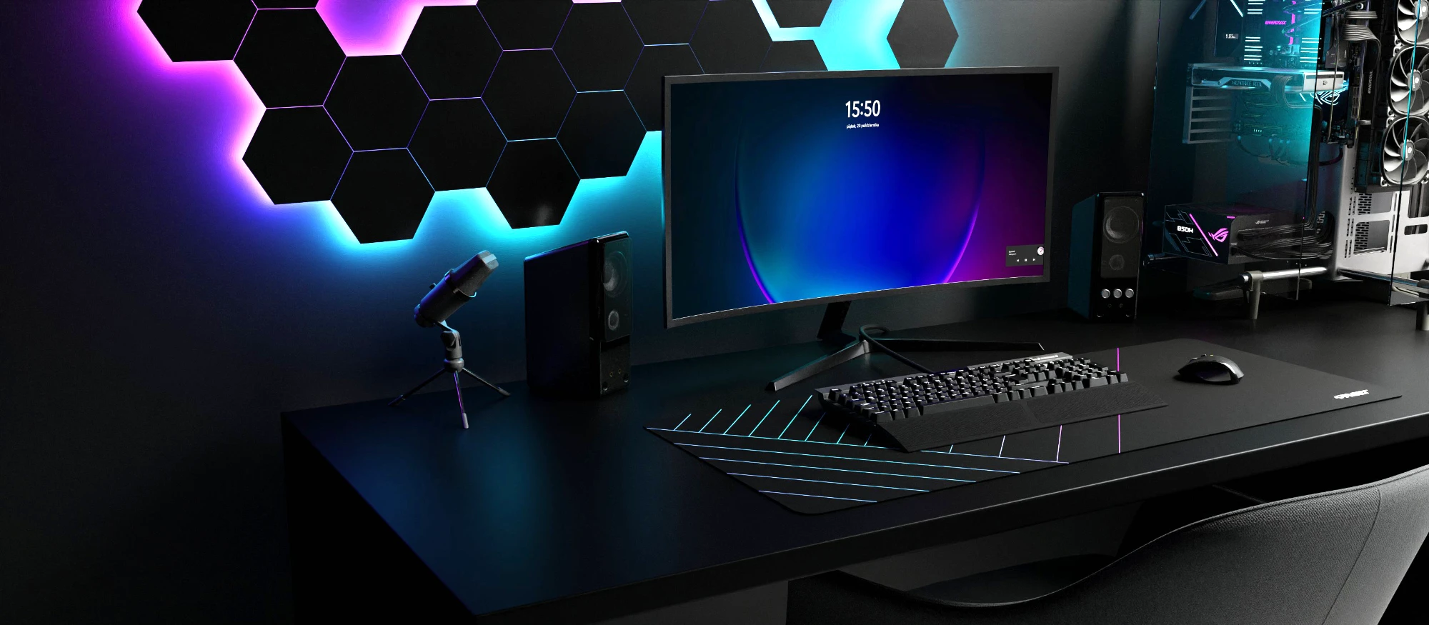 Modern dark PC desk setup with neon lighting, featuring a PAVED™ desk mat.