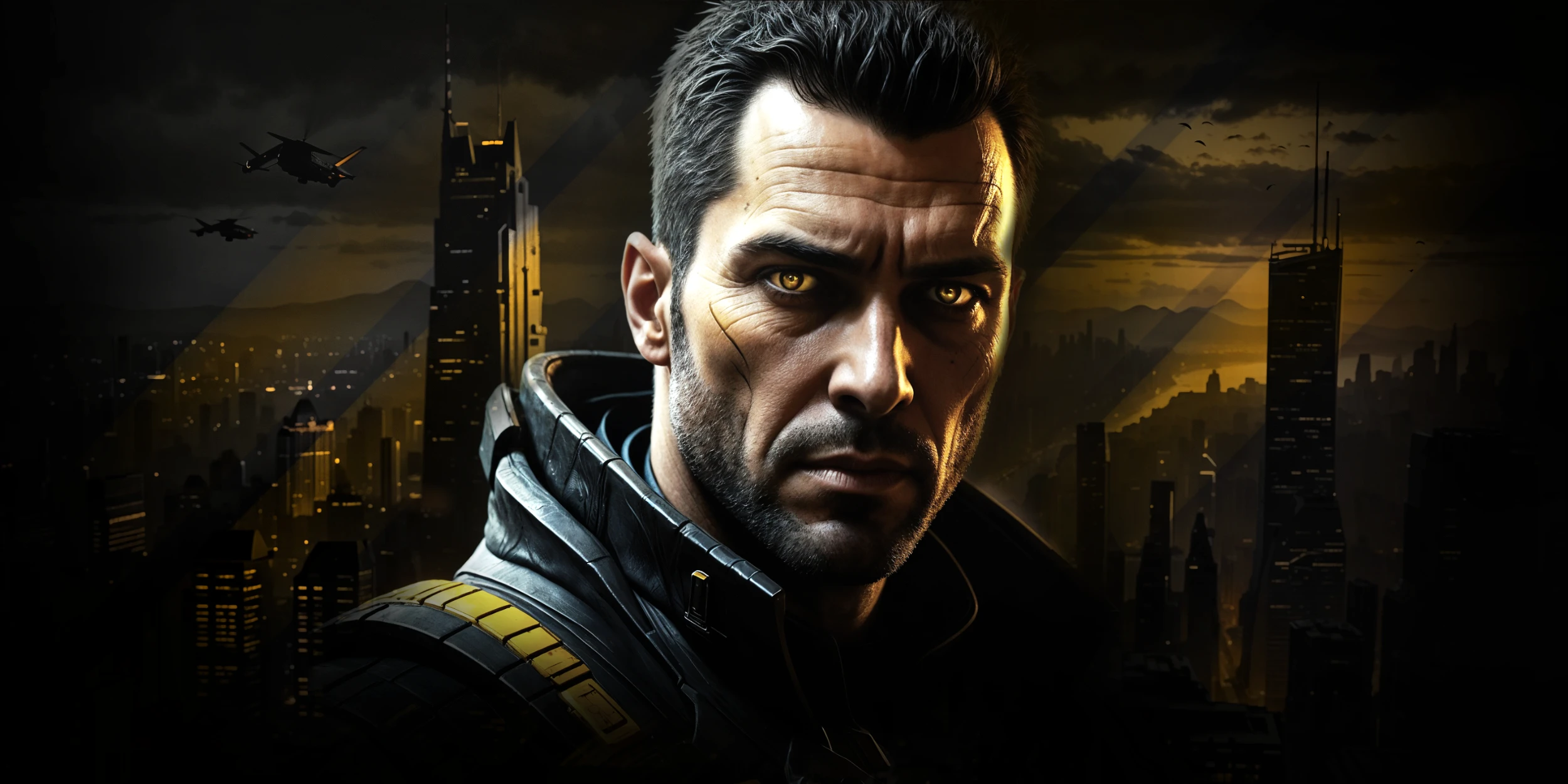 Night Desert Blade Runner by PAVED™ -a close-up up of a sci-fi mercenary with glowing yellow eyes and facial scars against a dark futuristic city skyline with drones flying.