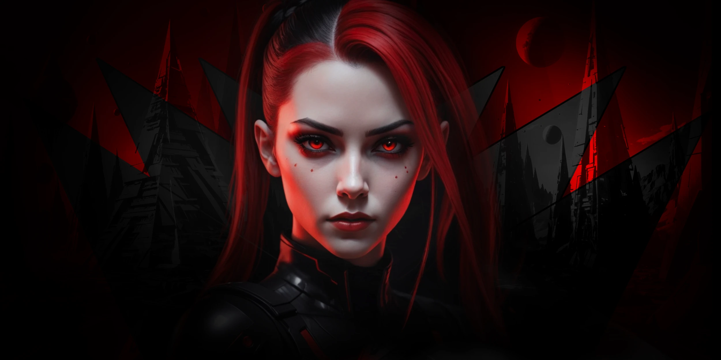 Imperial Edge Runner by PAVED™ Futuristic female imperial enforcer with red hair and glowing red eyes in a dark, sci-fi background with tall spires and a red moon.