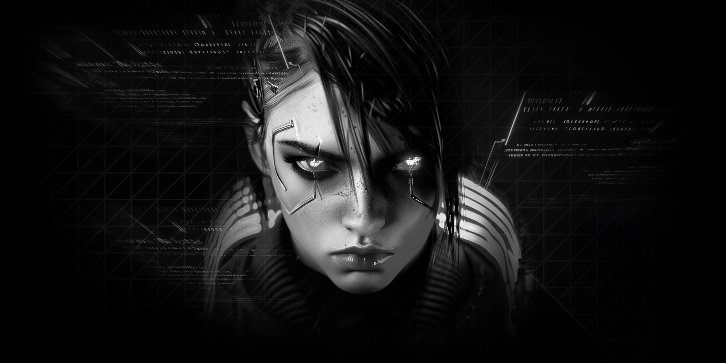 Night Net Runner by PAVED™ - a close-up of a futuristic female software engineer with glowing eyes and cybernetic enhancements on her face against a dark digital background.