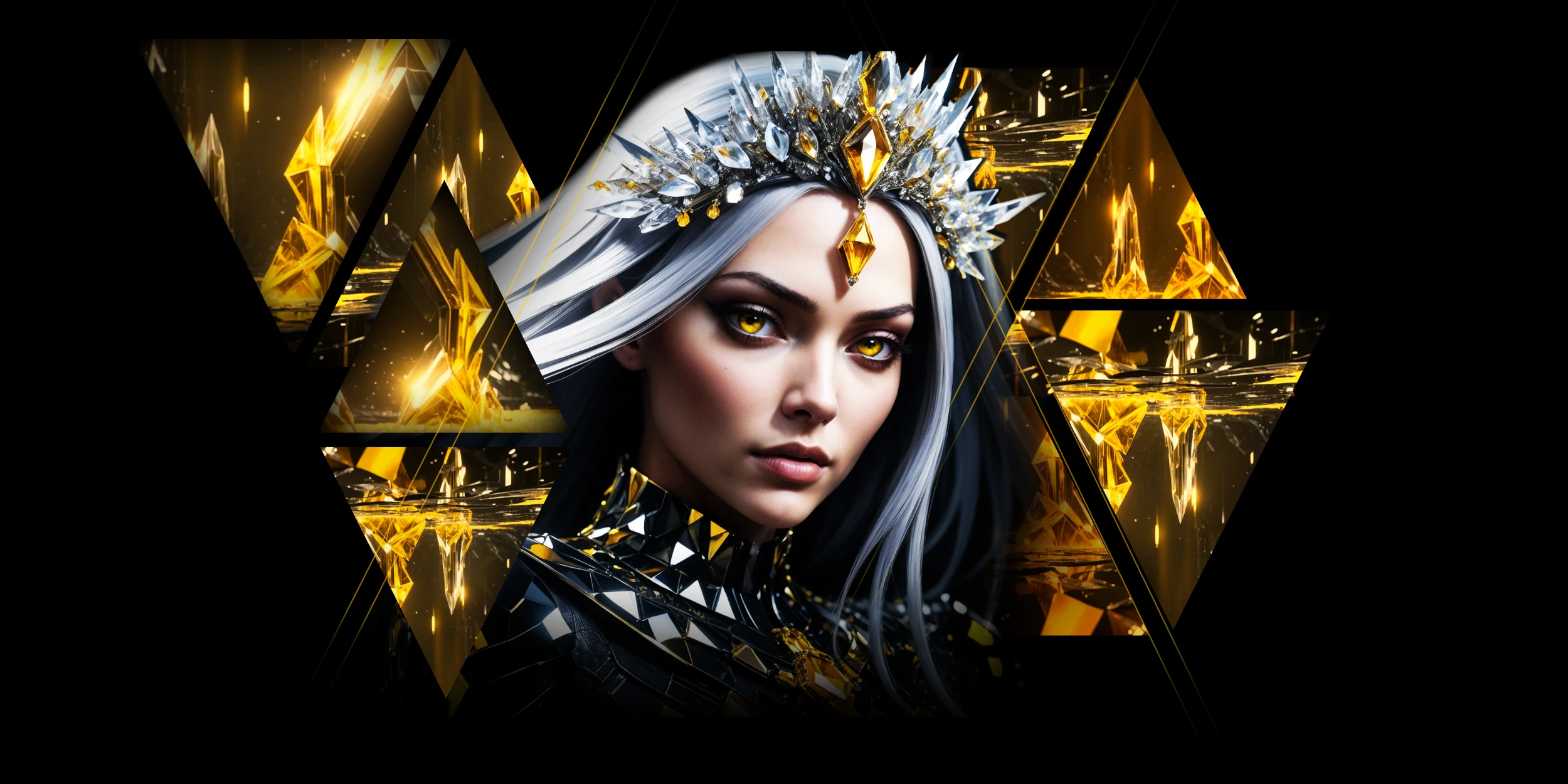 Night Desert Prism - a fantasy illustration of a woman with silver hair, yellow eyes, and a crystal crown surrounded by golden crystal structures in geometric shapes.