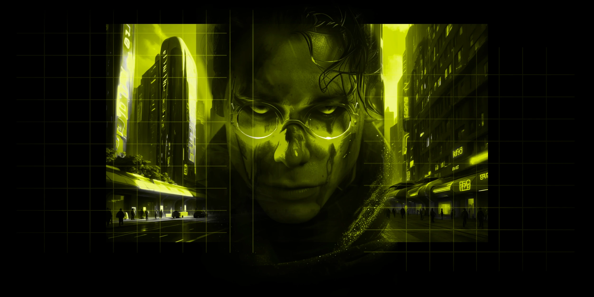 Night Toxic Grid Runner by PAVED™ - a close-up of a serious man with round glasses and dark streaks on his face, set against a futuristic cityscape with greenish-yellow lighting and a subtle overlay grid pattern.
