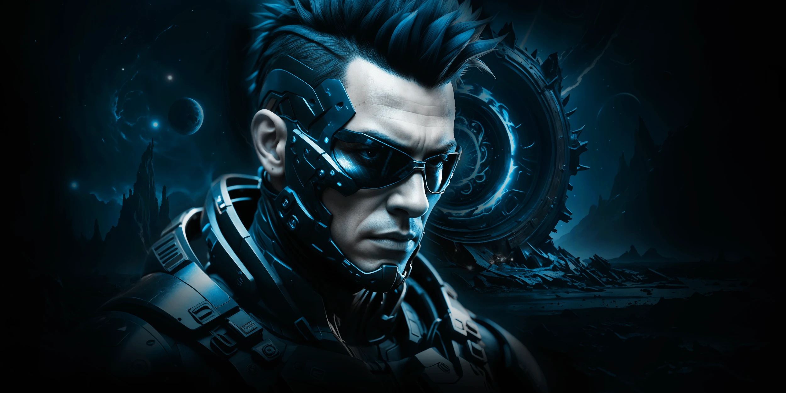 Night Sky Pathfinder by PAVED™ a futuristic ex-elite commander with cybernetic armor and dark sunglasses in a blue-lit alien landscape with a cosmic portal and rocky spires.