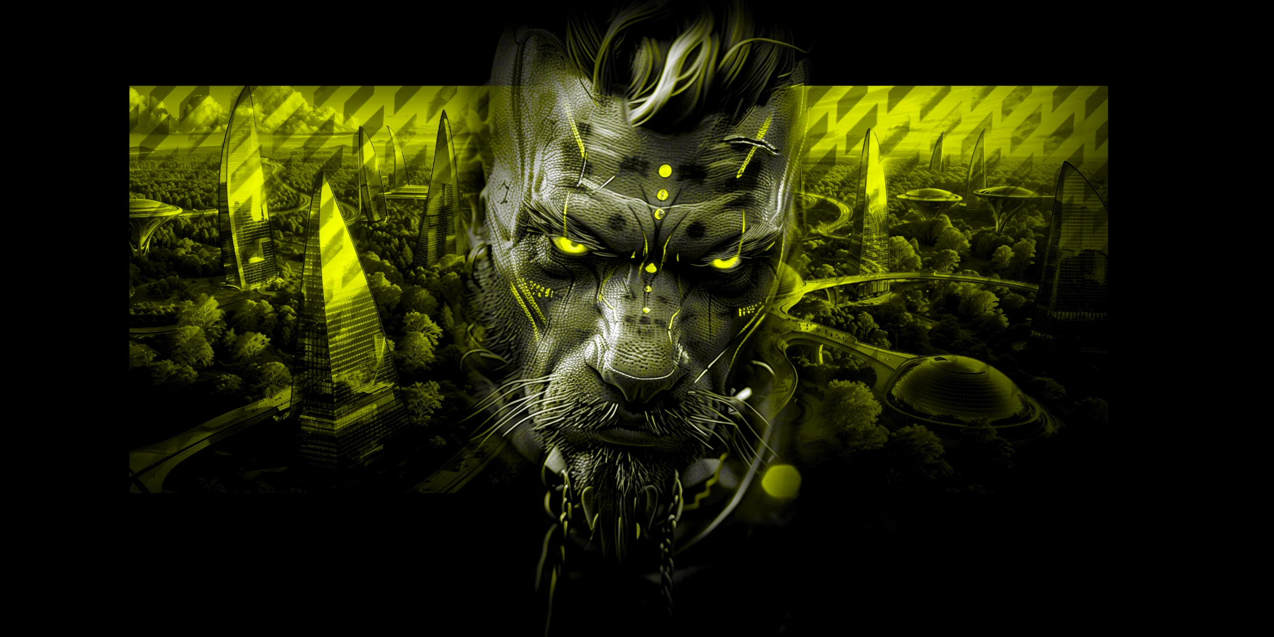 Toxic Panther by PAVED™ - and artistic depiction of a panther's intense face with yellow glowing eyes, overlaid on a futuristic cityscape with tall, sleek buildings and lush greenery.
