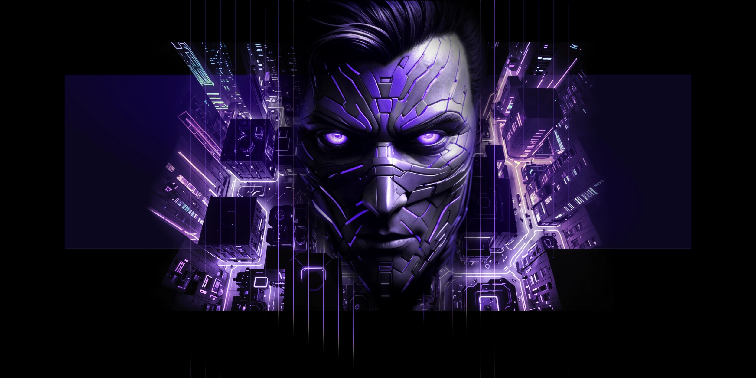 Night Amethyst Zebra by PAVED™ -the AI that gained sentience, a futuristic robotic face with glowing purple eyes and circuit-like patterns, set against a neon-lit cityscape background.
