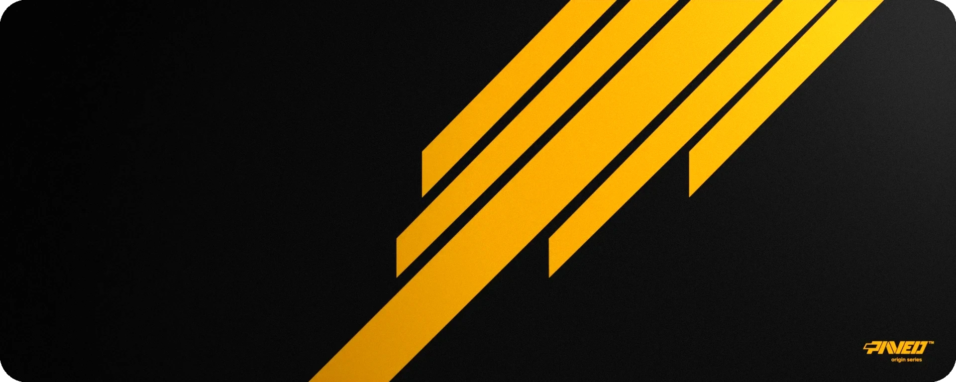 Design pattern of the Desert Blade Runner - a large XXL mousepad from PAVED Origin Series. A minimalistic black mousepad with 5 bold diagonal yellow geometric stripes and a small yellow logo reading PAVED™ origin series' in the bottom right corner.