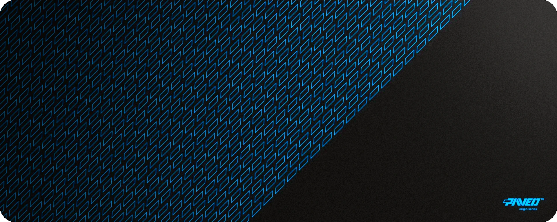 Design pattern of the Night Sky Prism - a large XXL mousepad from PAVED Origin Series featuring a diagonal pattern of blue outlined small rectangles on a black background and a blue 'PAVED™ origin series' logo in the bottom right corner.