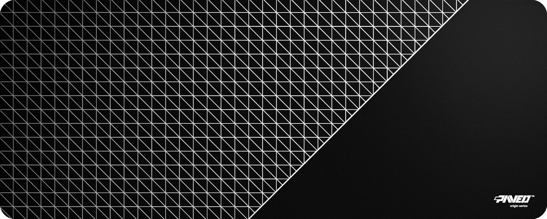 Design pattern of the Night Net Runner - a large XXL mousepad from PAVED Origin Series featuring a white net-like geometric pattern on the left and a solid black area on the right with the 'PAVED™ origin series' logo in the bottom right corner.