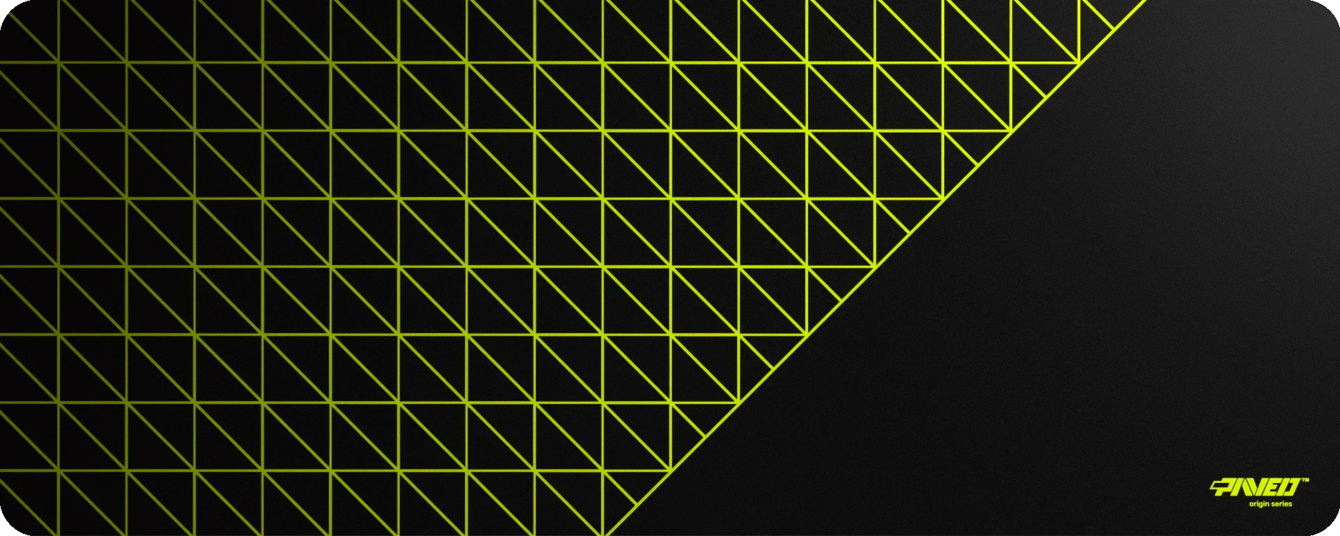 Design pattern of the Night Toxic Grid Runner - an XXL mousepad with a geometric grid made of light green lines against a black background and a PAVED™ Origin series logo in on the bottom right.