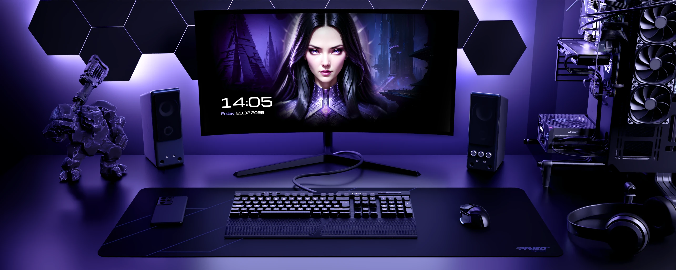 Dark-themed gaming desk setup with a curved monitor displaying a futuristic female character, large PAVED™ Night Amethyst Formula extended mouse pad with purple accents, mechanical keyboard, mouse, speakers, headset, and PC with purple neon lighting.