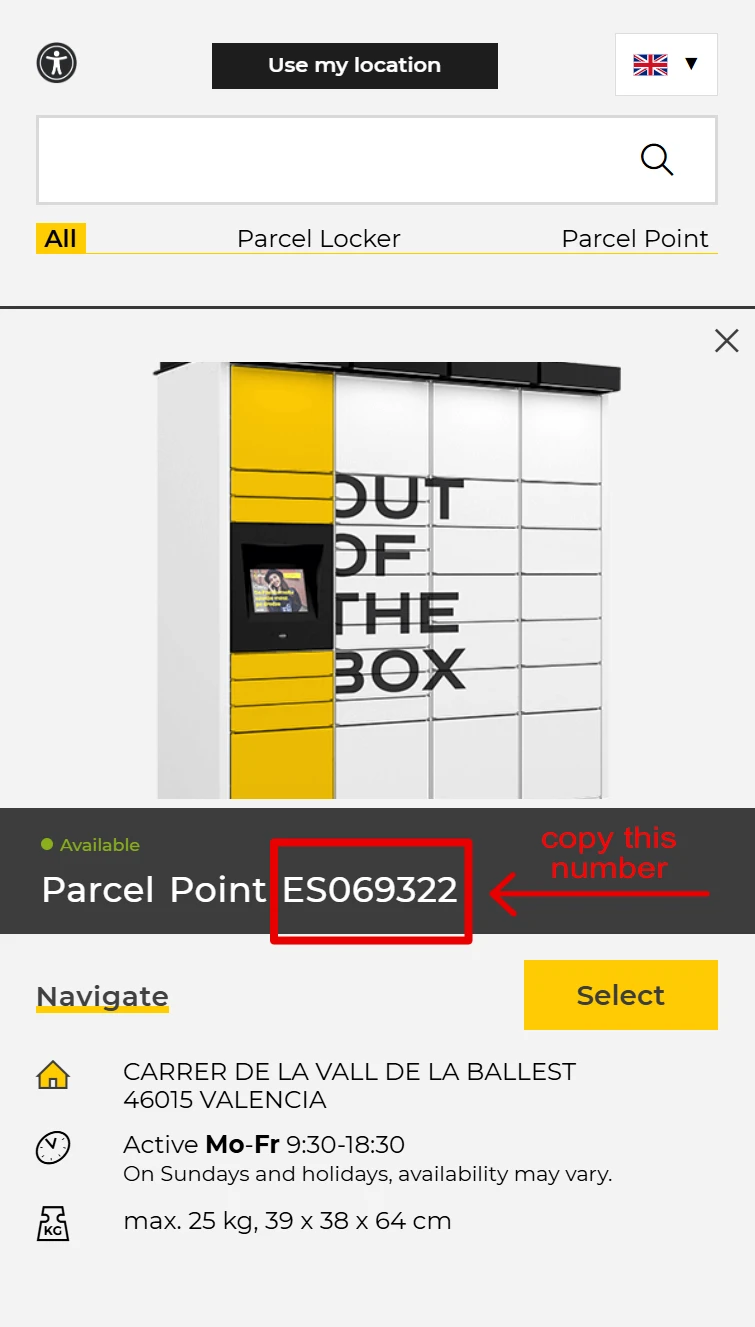 Instruction on how to find the number of InPost Parcel locker. Locker number located under the locker image, above the address details.