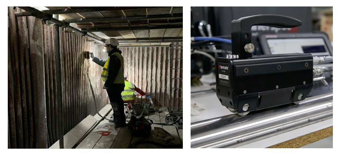 Inspector performing boiler inspection and detail of the sensor used