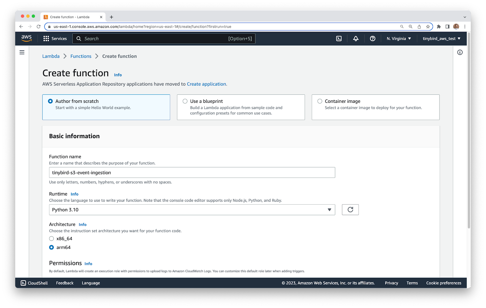 A screenshot of an AWS Lambda configuration using the Python 3.10 runtime and the arm64 architecture.