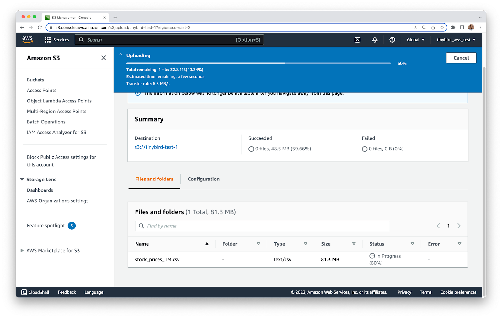 A screenshot of Amazon S3 showing a CSV file called stock_prices_1M.csv uploaded into an S3 bucket called tinybird-test-1