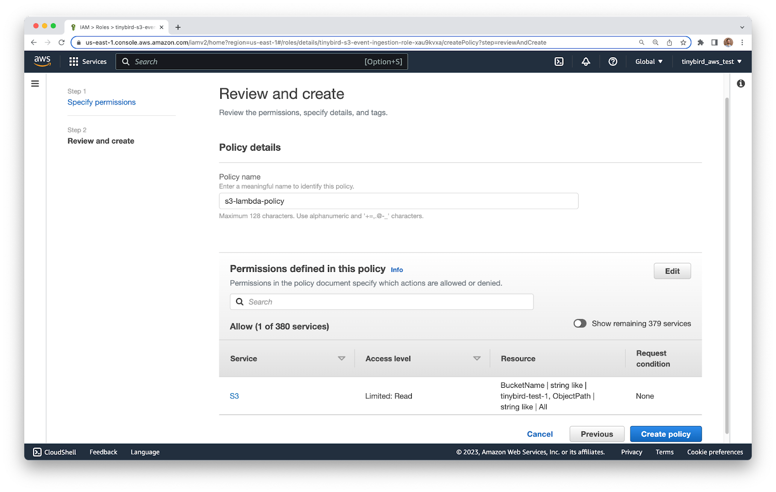 A screenshot of AWS IAM showing the creation of a new inline policy for a Lambda