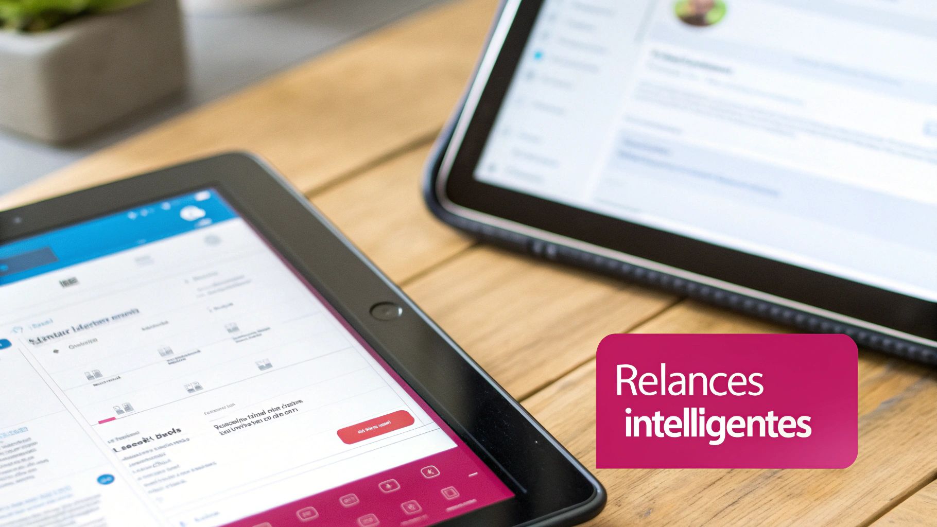 Deux tablettes affichant des applications de gestion et de relances intelligentes, posées sur une table en bois.