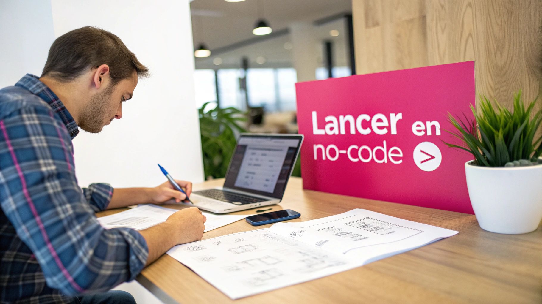 Un homme écrit sur des documents à un bureau, avec un ordinateur portable et une pancarte "Lancer en no-code".