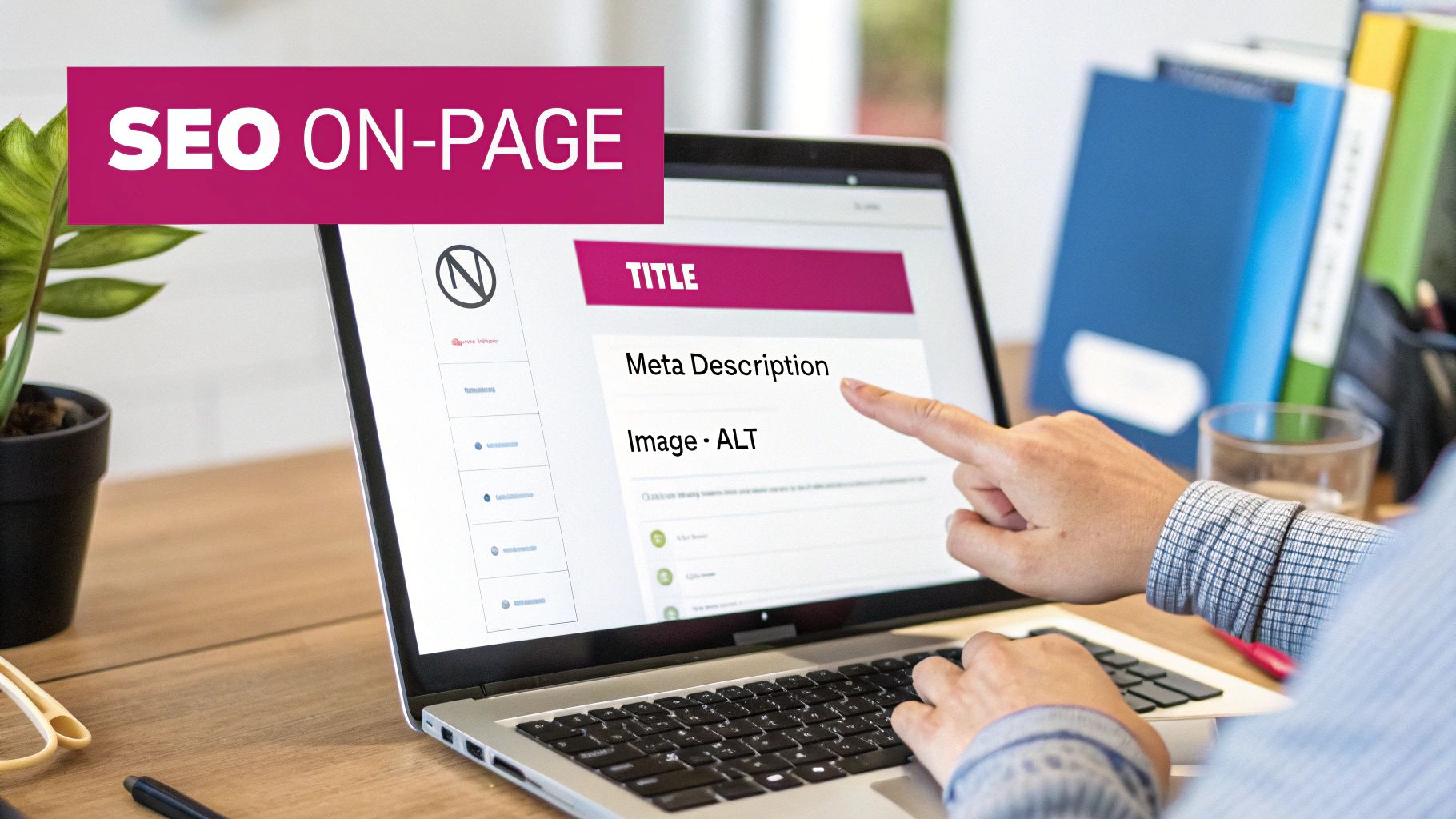 Une personne travaille sur un ordinateur portable affichant des éléments de SEO on-page comme le titre, la méta-description et l'ALT d'image.