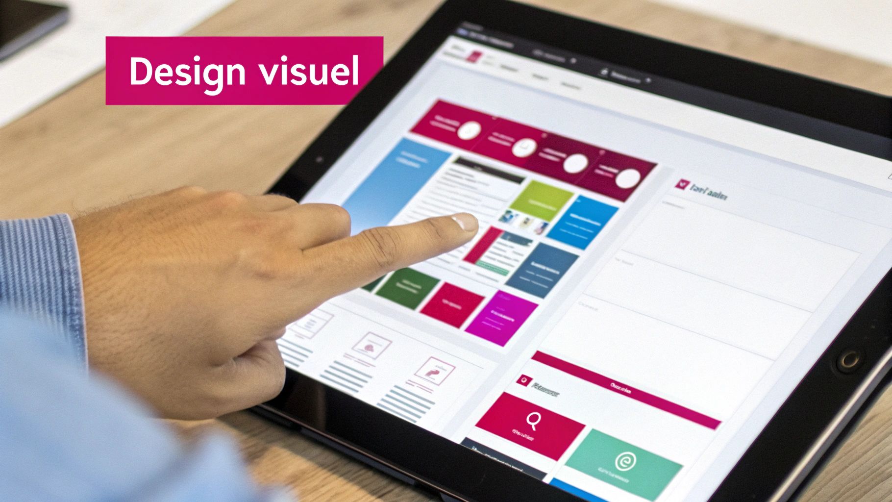 Main d'une personne touchant une tablette affichant une interface utilisateur colorée et le texte "Design visuel".
