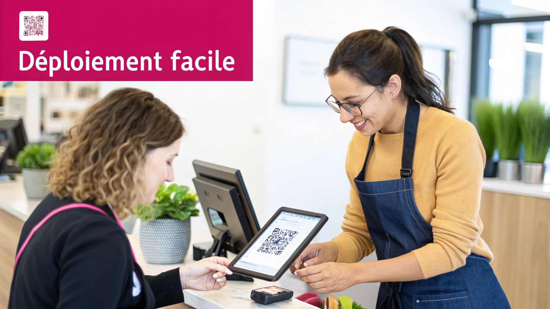 Une caissière souriante présente un QR code sur une tablette à une cliente, illustrant un déploiement facile.