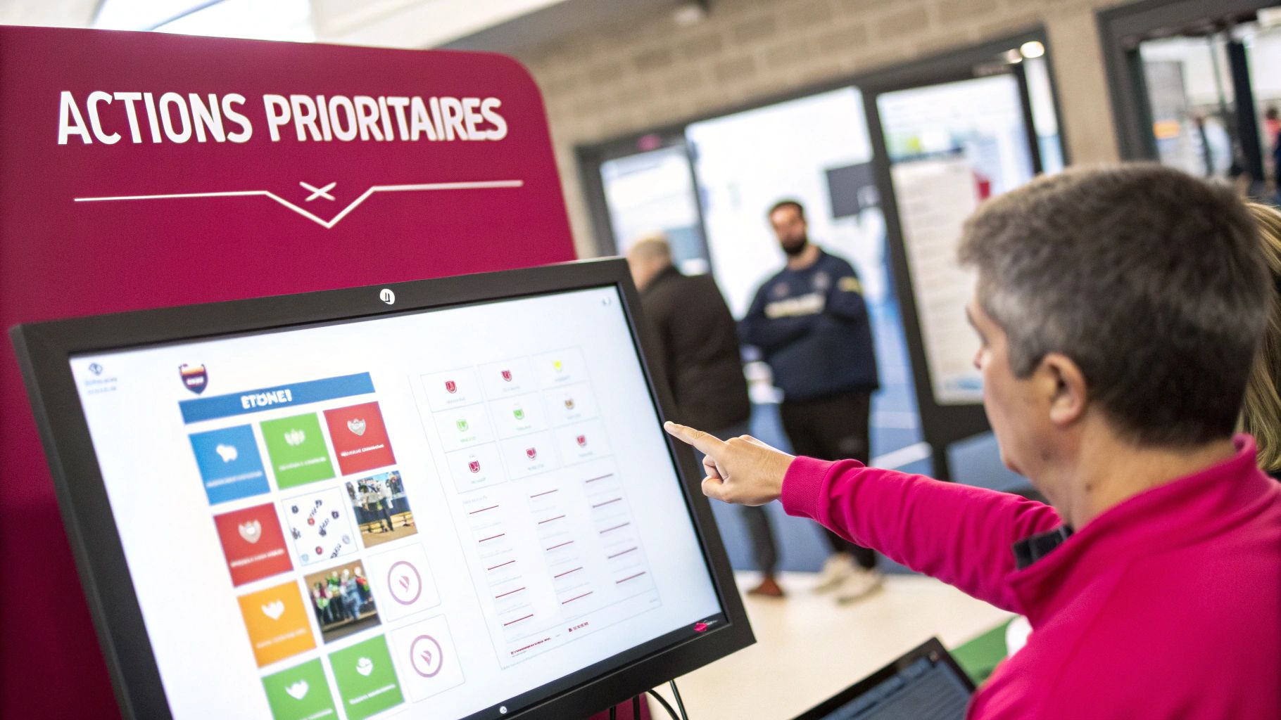 Une personne pointe un écran tactile interactif affichant des données et des icônes colorées, sous une enseigne "ACTIONS PRIORITAIRES".