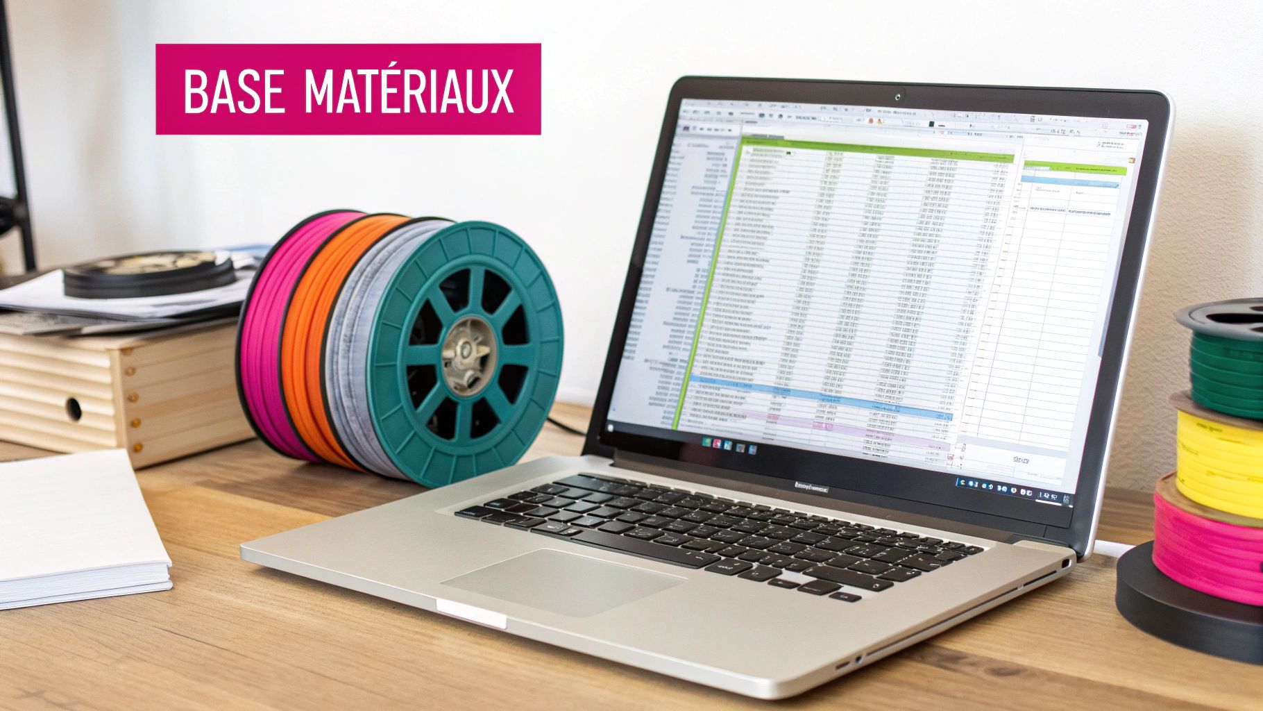 Un bureau avec un ordinateur portable affichant une base de données de matériaux, des bobines de filament 3D colorées et un carnet.