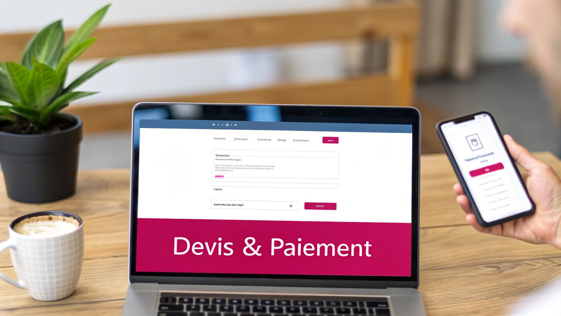 Un ordinateur portable affiche une page de devis et paiement en ligne, à côté d'un smartphone tenu en main sur un bureau.