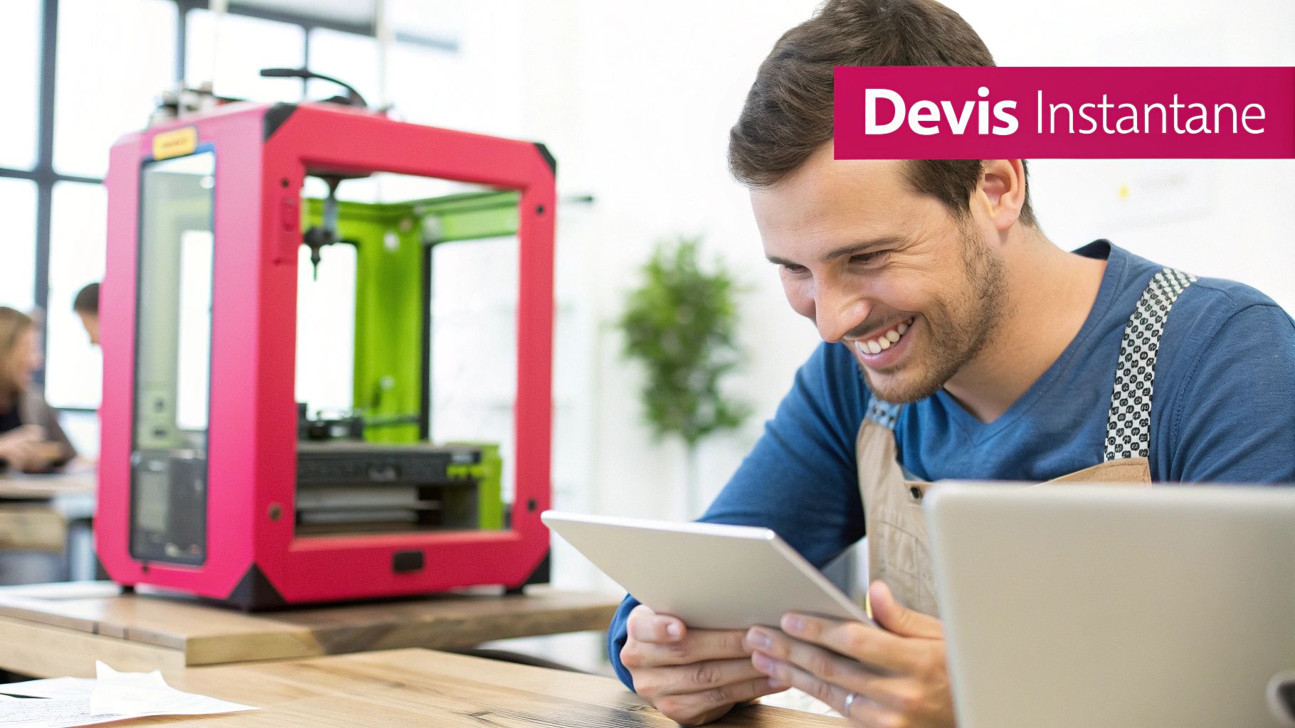 Un homme souriant utilise une tablette près d'une imprimante 3D rouge, avec le texte "Devis Instantane".