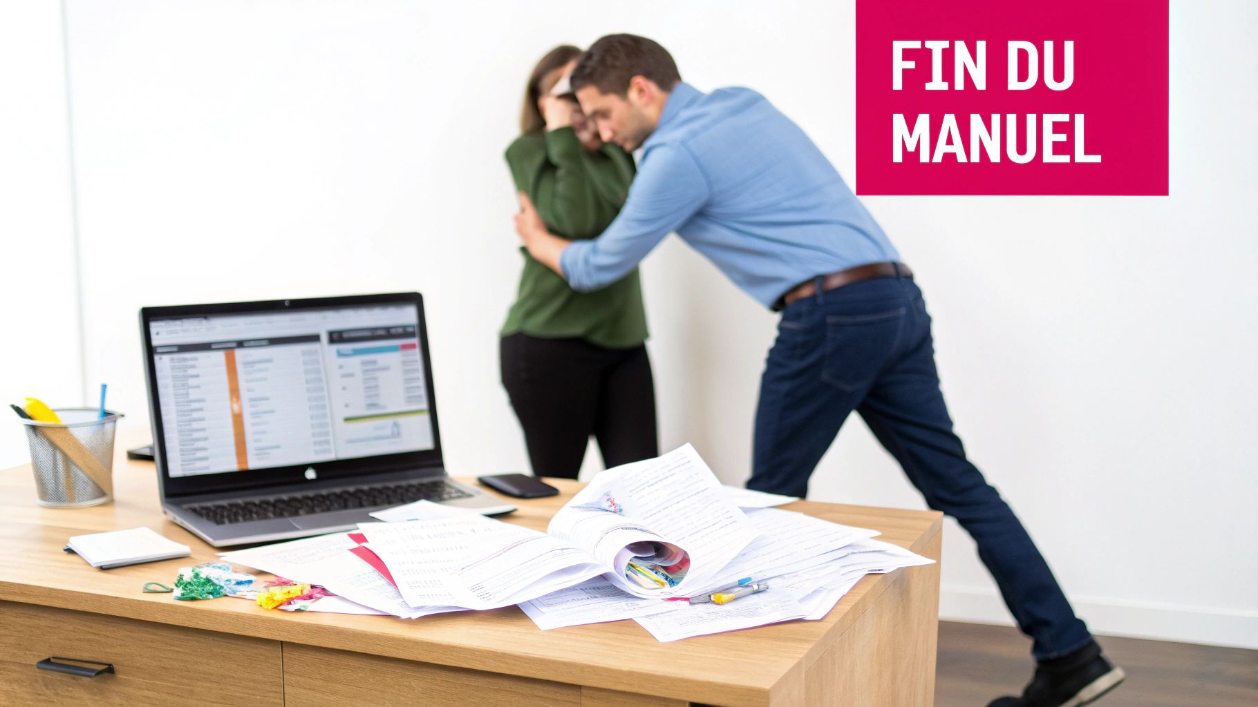 Bureau désordonné avec des documents, un ordinateur portable et deux personnes en arrière-plan, signalant la fin du travail manuel.