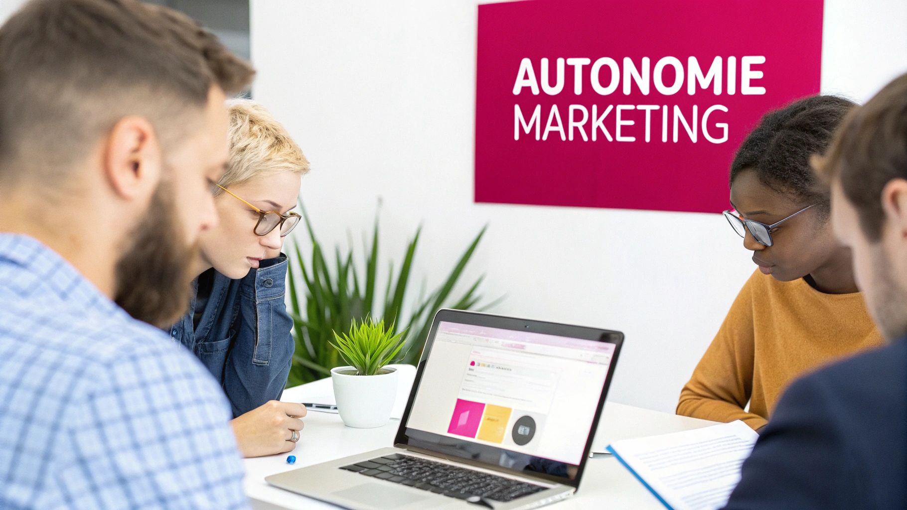 Une équipe diverse discute autour d'un ordinateur portable dans un bureau moderne avec un panneau "AUTONOMIE MARKETING".