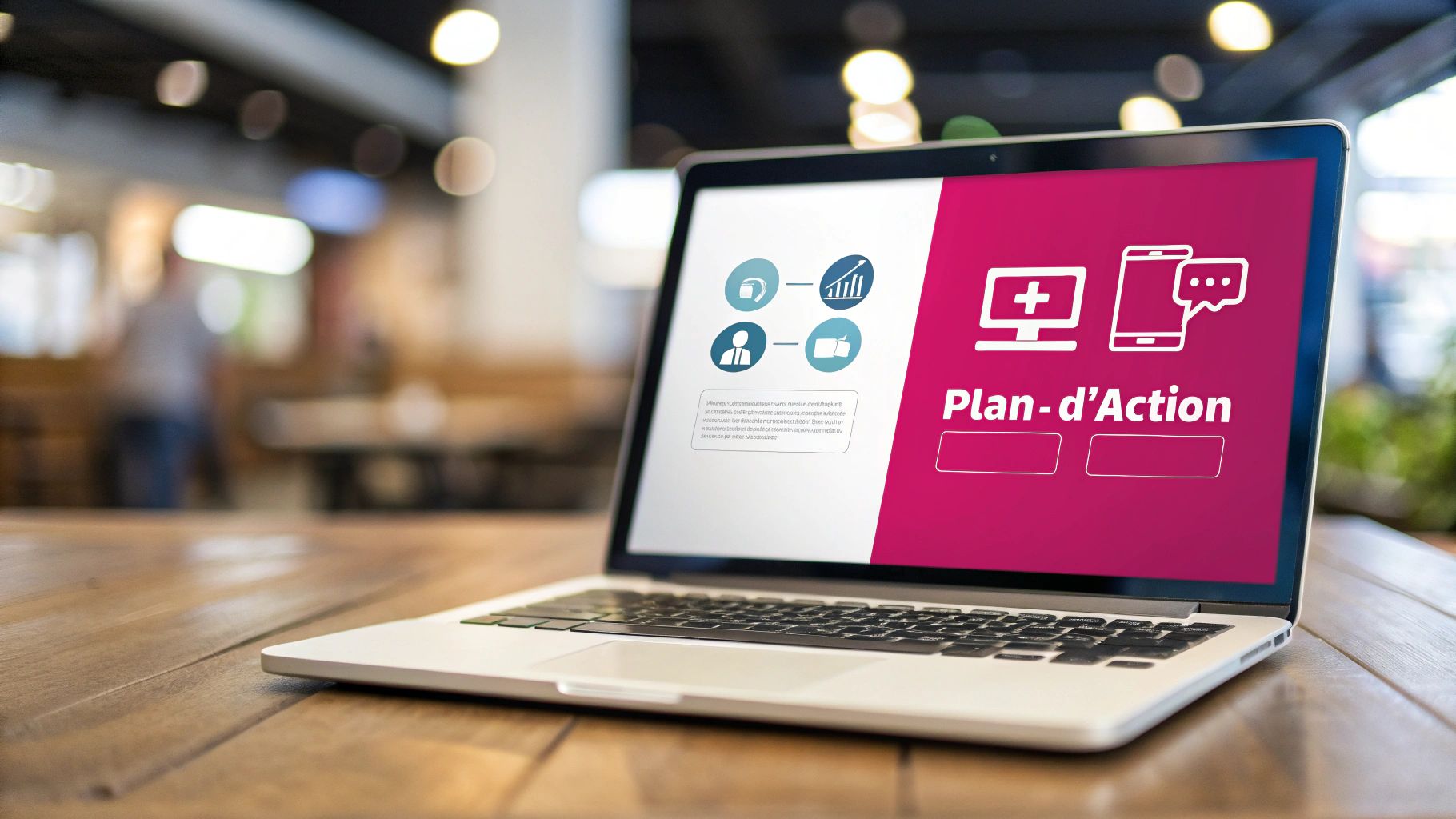 Ordinateur portable sur table en bois affichant un plan d'action numérique avec icônes de données et communication.